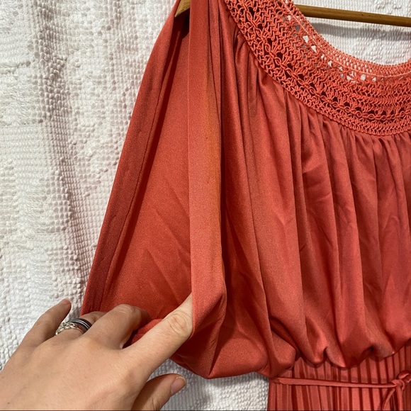 Vintage 70's Pleated Maxi Dress Off the Shoulder Sleeve Crochet Trim Satin - Picture 8 of 16